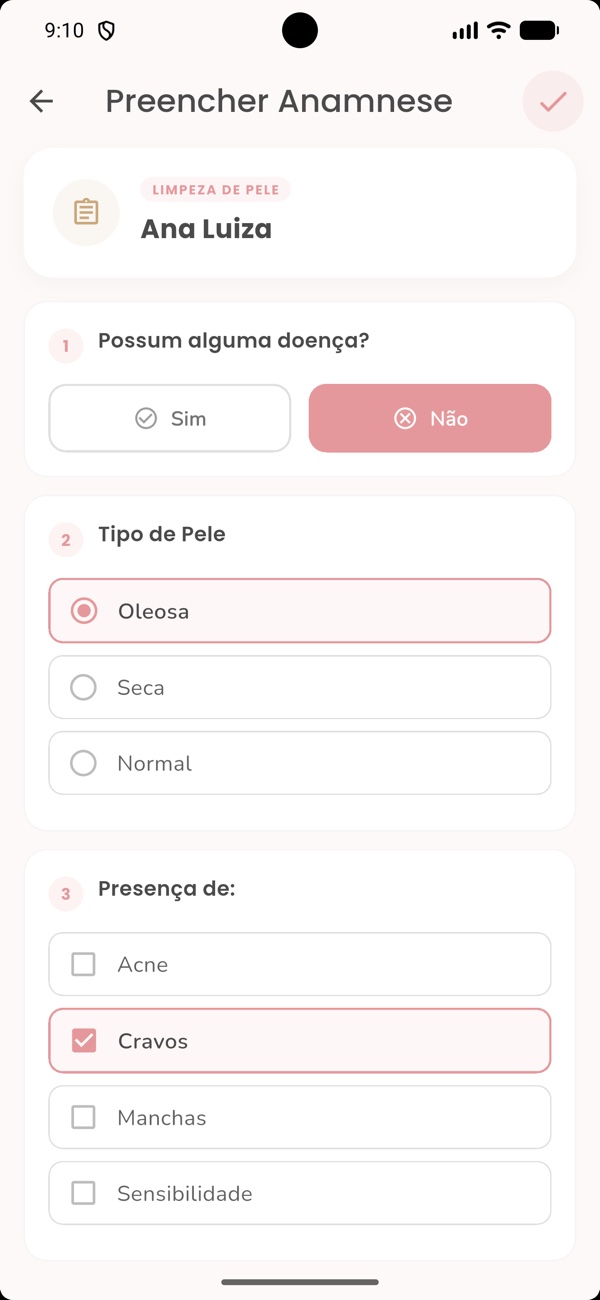 Ficha de anamnese organizada dentro do app Beauty Book