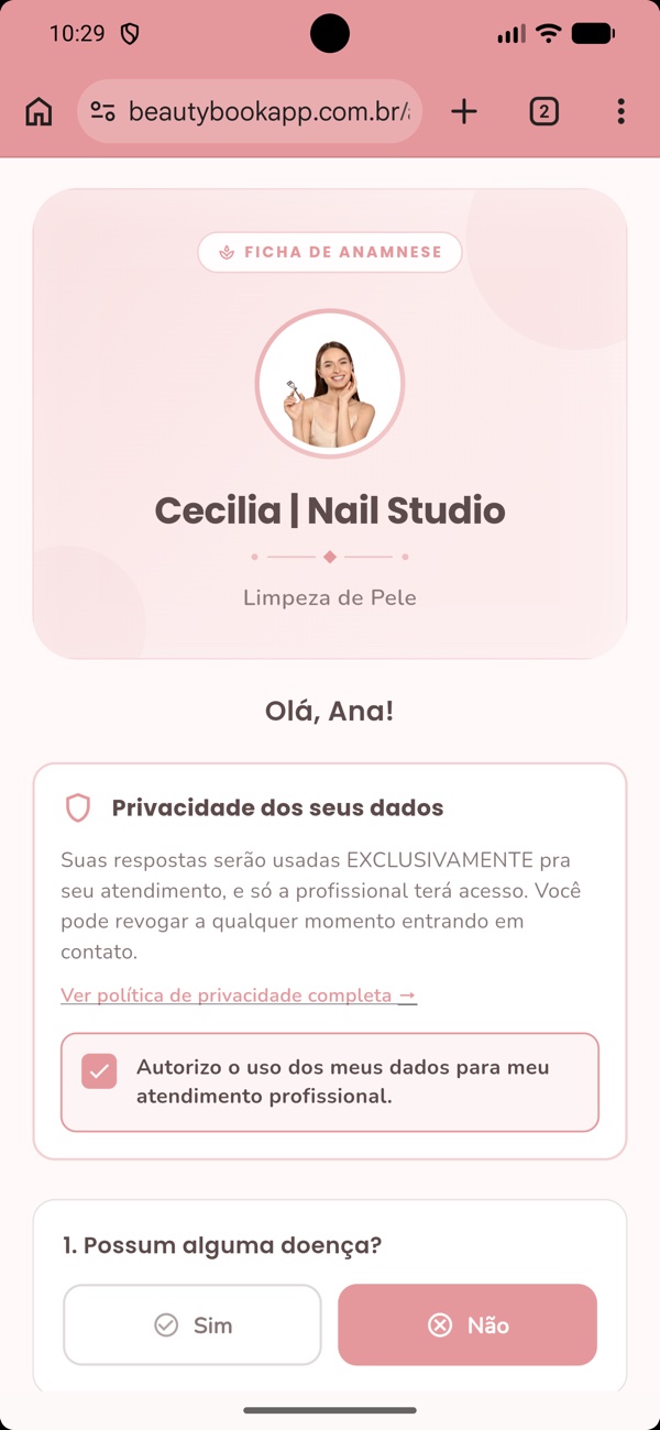 Link de anamnese com a marca da profissional, aberto pela cliente