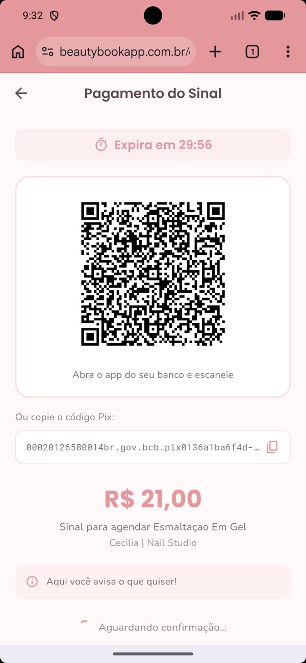 Pagamento do sinal pelo Pix com QR Code no Beauty Book