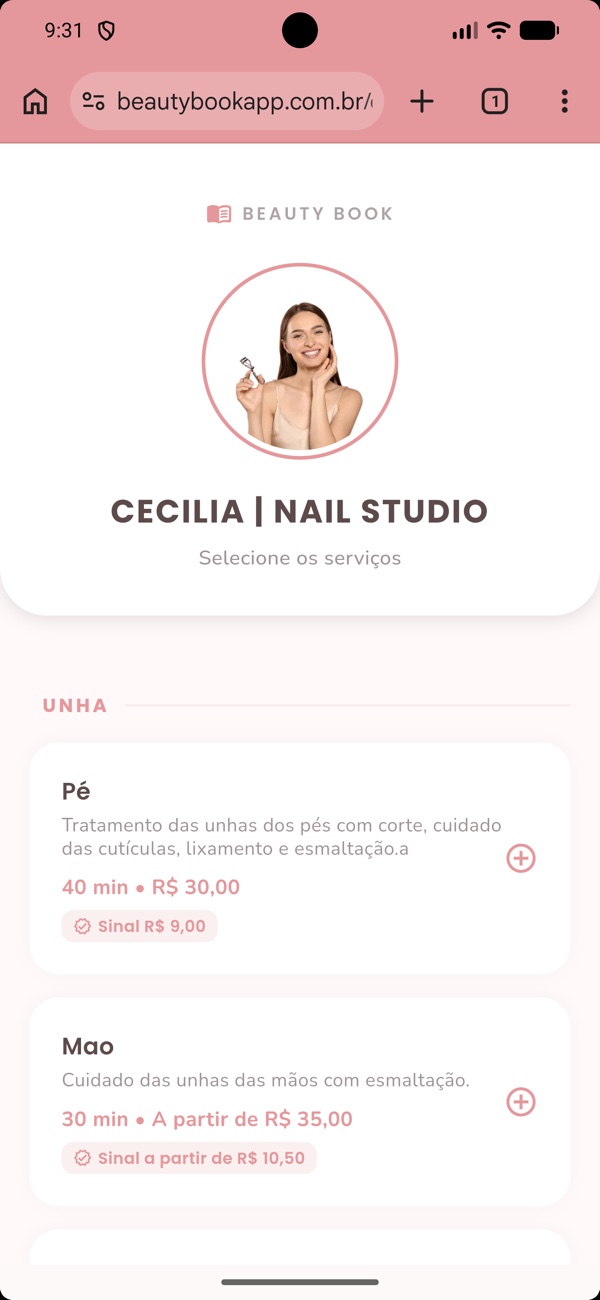 Site de agendamento personalizado, onde a cliente escolhe o serviço